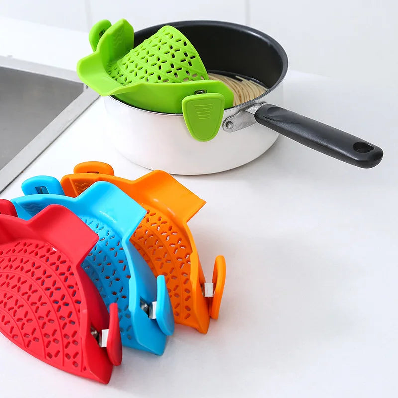 Silicone Colander - Clip On Pot Strainer for Kitchen, Pasta Vegetable Fruit Wash Filter, Salad Spaghetti Draining Basket